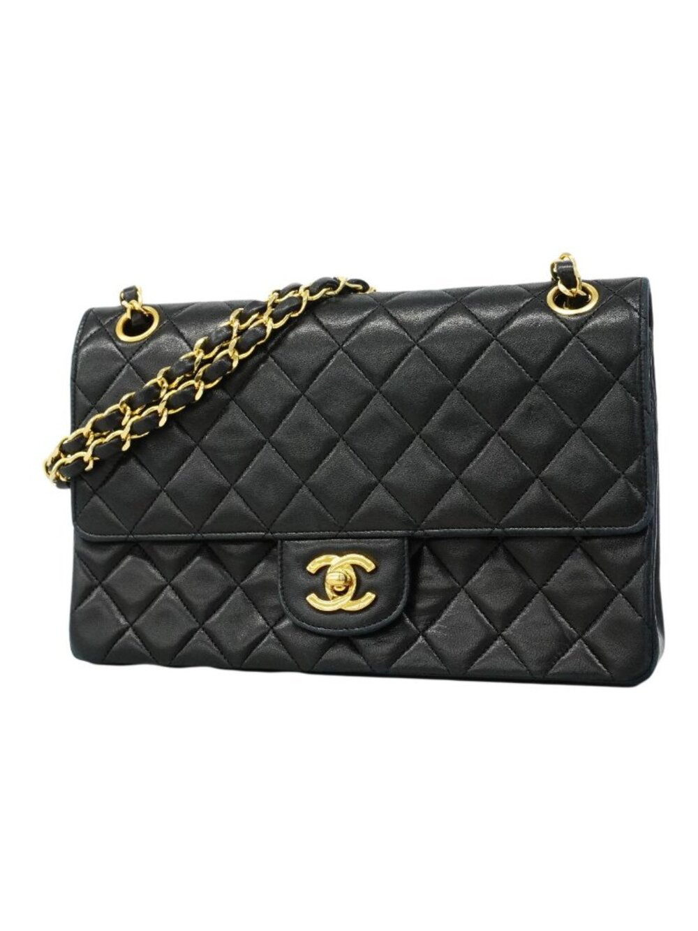 Chanel Shoulder Bag Quilted Lambskin Black Gold